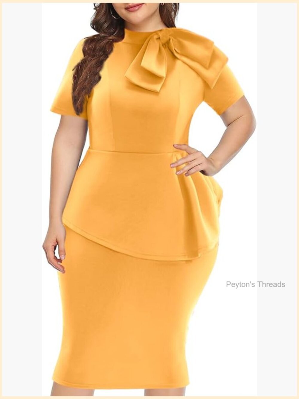 Plus Size Bodycon Peplum Midi Dress Short Sleeve Bow Ruffle Work Cocktail